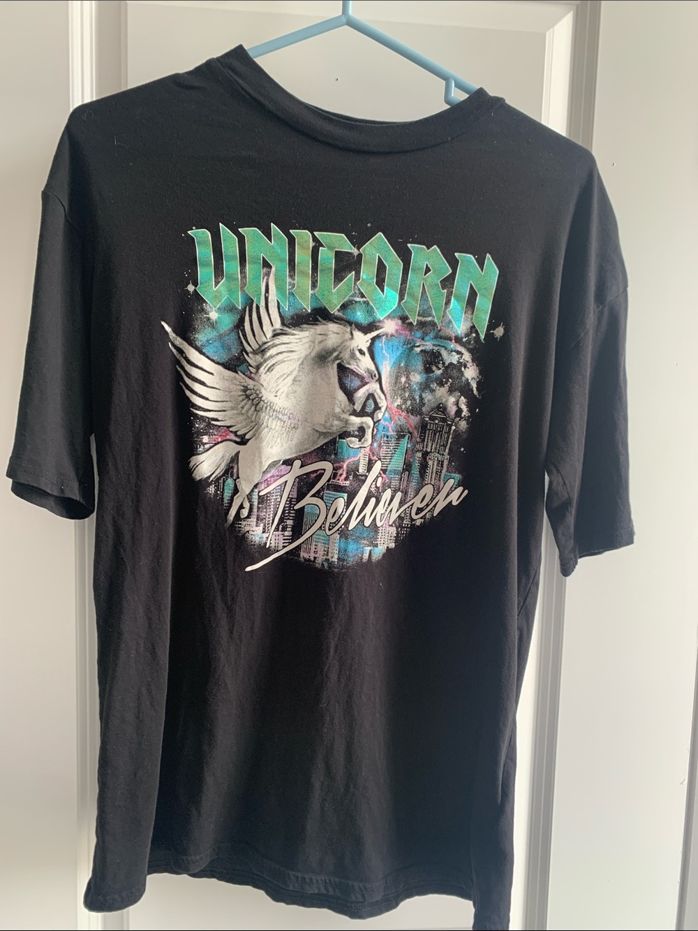 H&M Black Unicorn Graphic Tee with Teal Accents